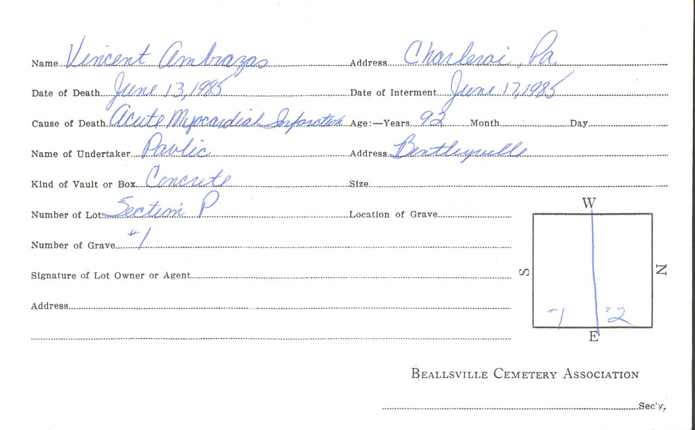 Vincent Ambrazas burial card